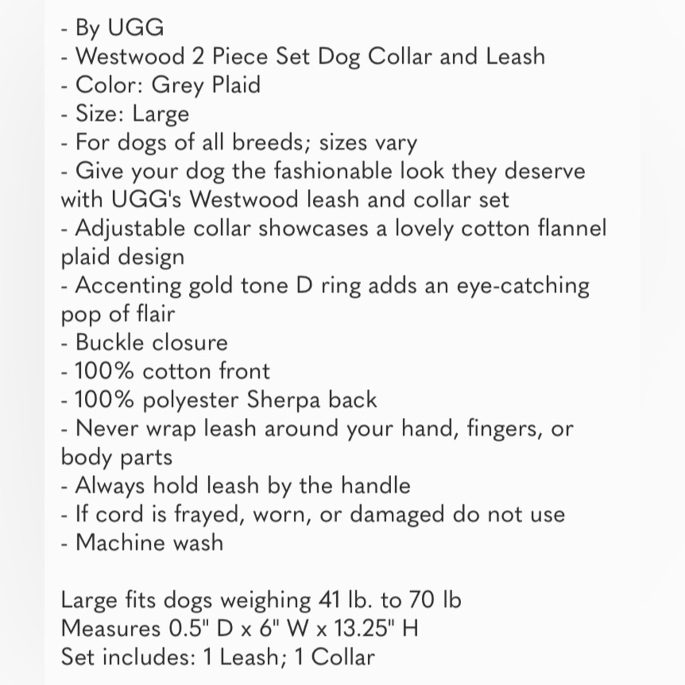 NWT UGG Westwood cotton flannel plaid pet collar and leash - Picture 6 of 6